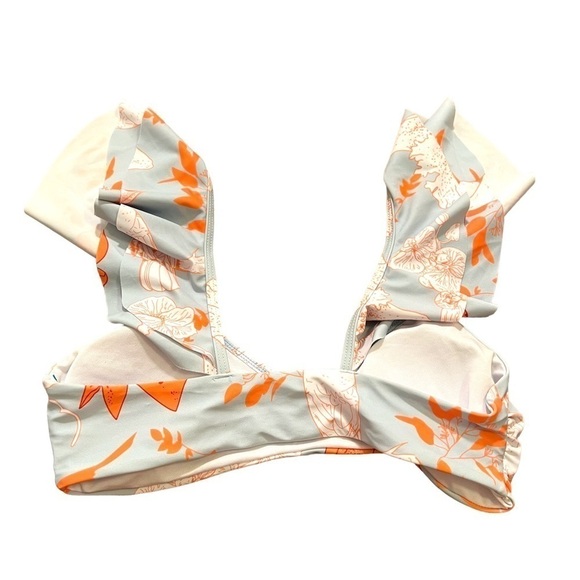 Bikini Top Light Blue White Orange Floral Birds Ruffle M - Picture 5 of 8